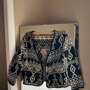 Aztec-Inspired Open Front Cardigan Sweater in Black & Cream